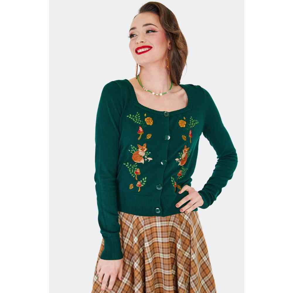 Voodoo Vixen - Forest Fox Embroidered Cardigan - Green